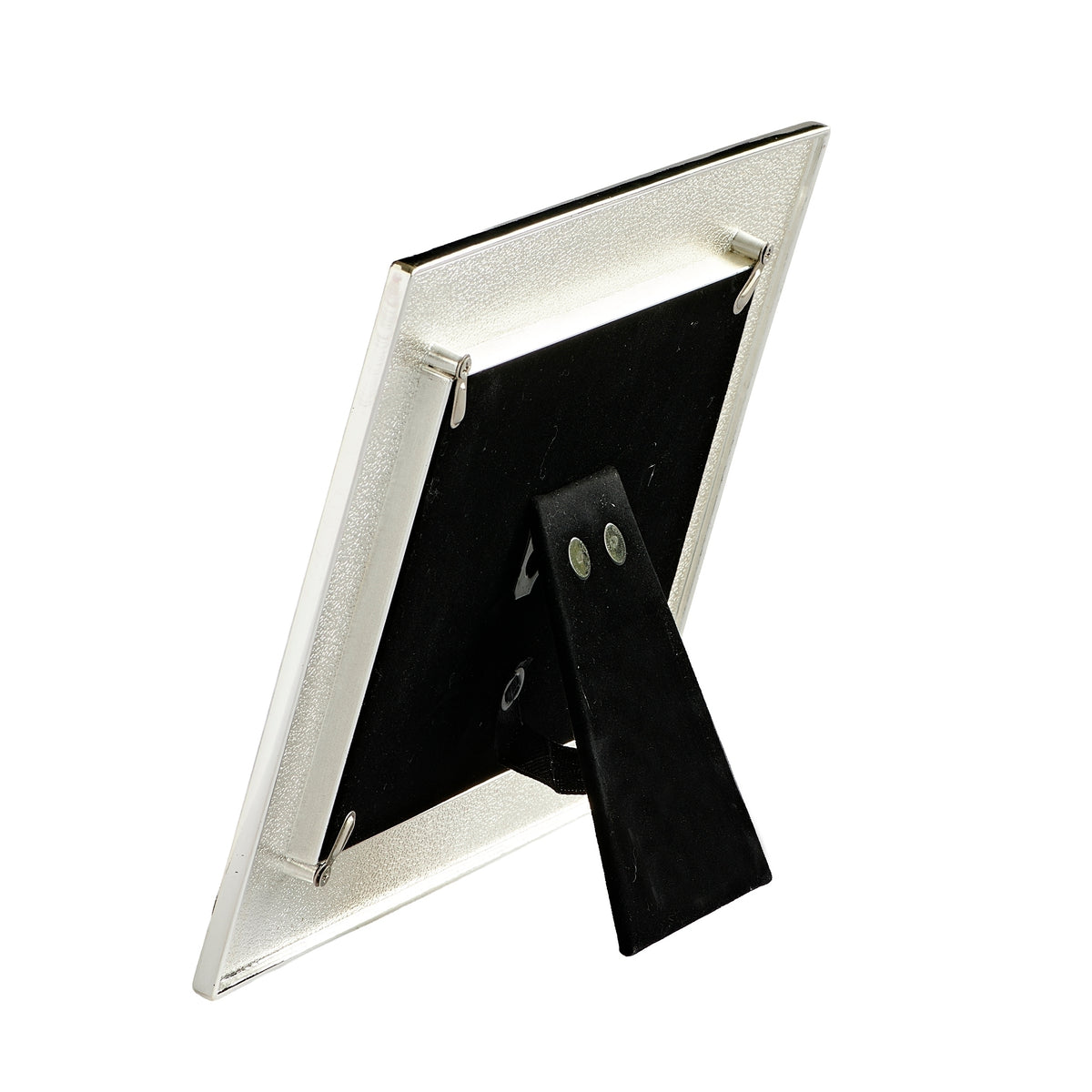 Rear angled view of Caroline Collection First Communion Crystal Cross Picture Frame showing the dark backing and fold-out tabletop easel stand