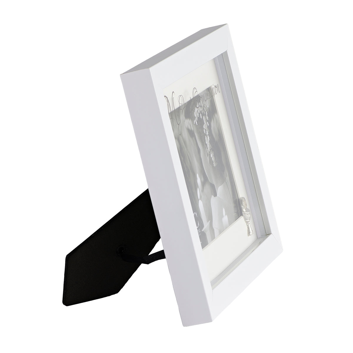 Front angled view of Caroline Collection My First Communion white picture frame showing the photo opening, script inscription, chalice emblem, and easel stand