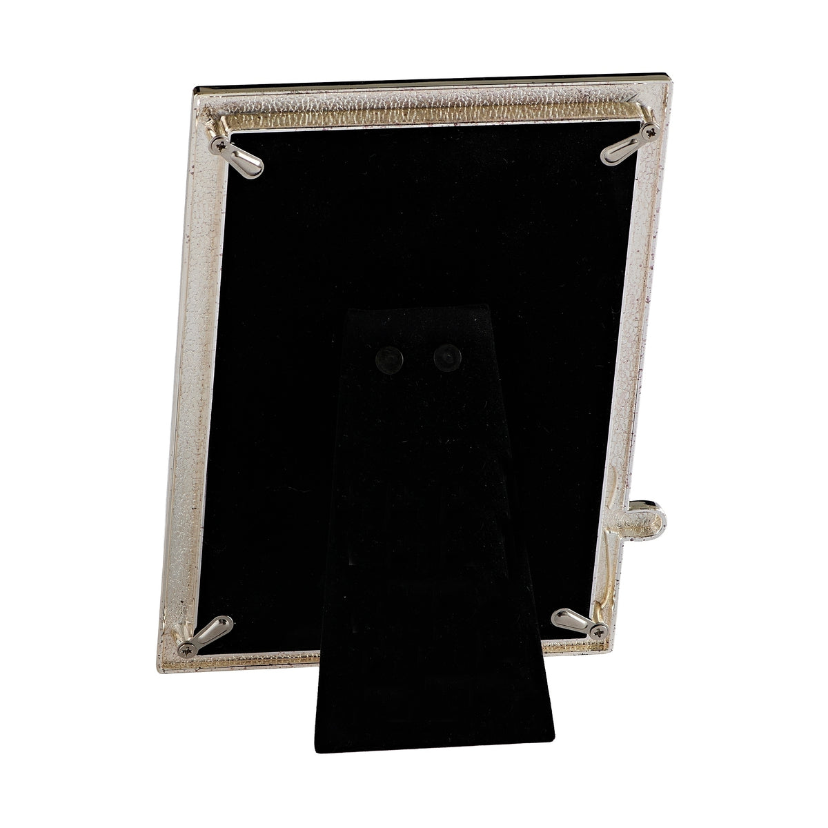 Back view of Caroline Collection Baptism Vertical Ivory Picture Frame showing the black backing and fold-out easel stand