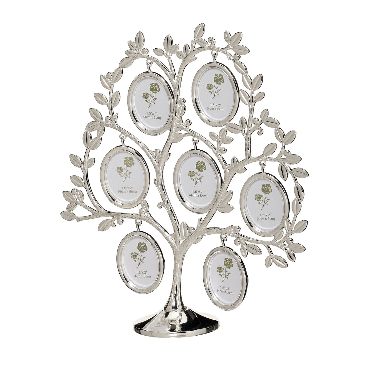 Angled front view of family tree frame showing the seven oval photo openings arranged among silver-toned leaves.