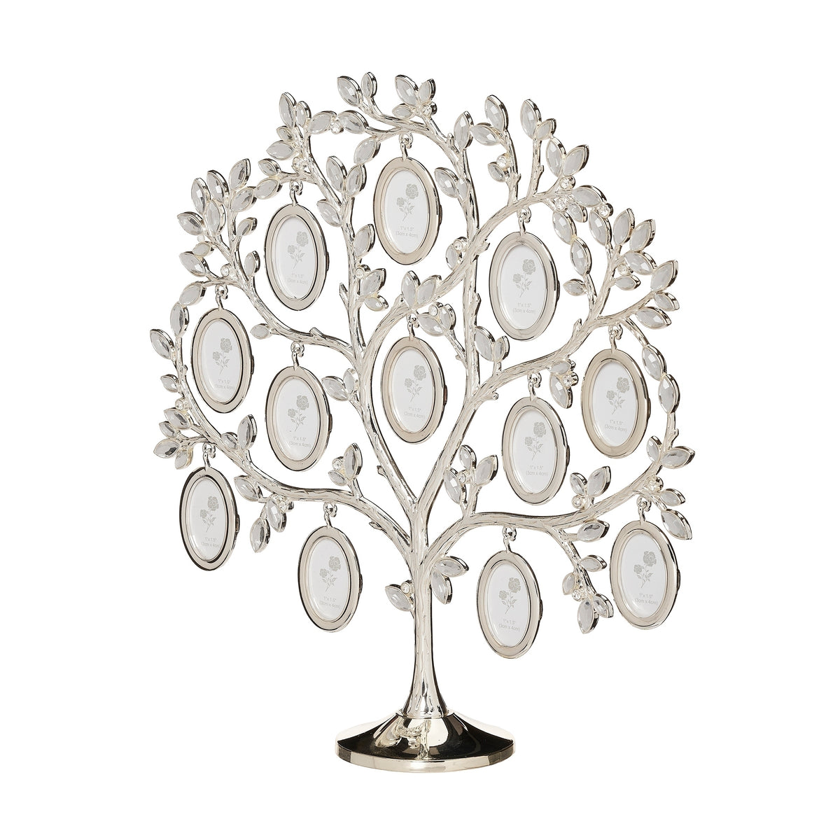 Angled front view of family tree frame showing twelve oval photo openings surrounded by silver-toned leaves.