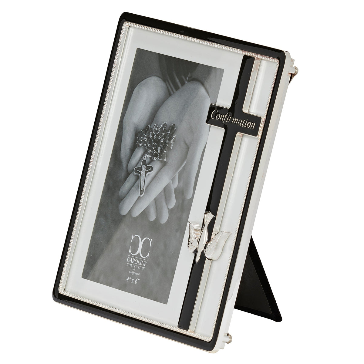 Front angled view of Caroline Collection Confirmation picture frame showing the black cross, silver dove, photo opening, and tabletop easel stand