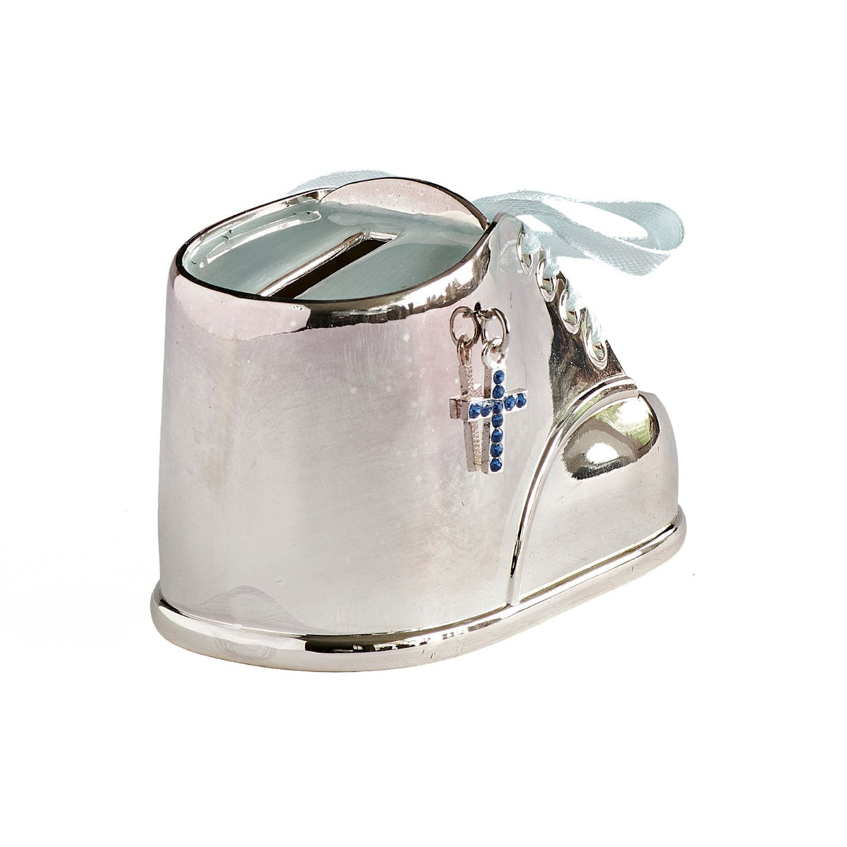 Side view of blue Baby Shoe Coin Bank highlighting the polished silver-tone finish, baby blue ribbon accents, and coin bank design