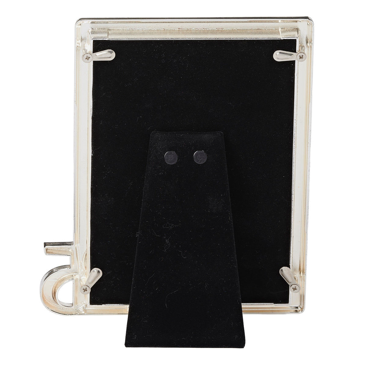 Rear view of anniversary frame showing the black backing, retaining tabs, and fold-out stand.