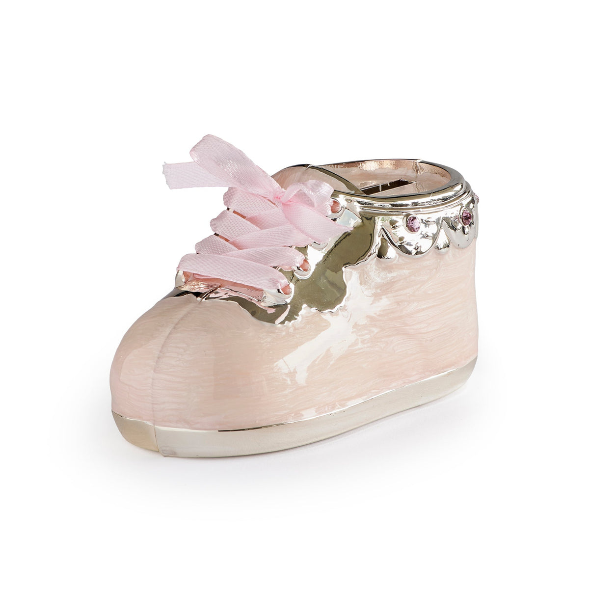 Front angled view of pink Baby Shoe Coin Bank showing the ribbon bow, jeweled accents, rounded toe, and silver-tone trim
