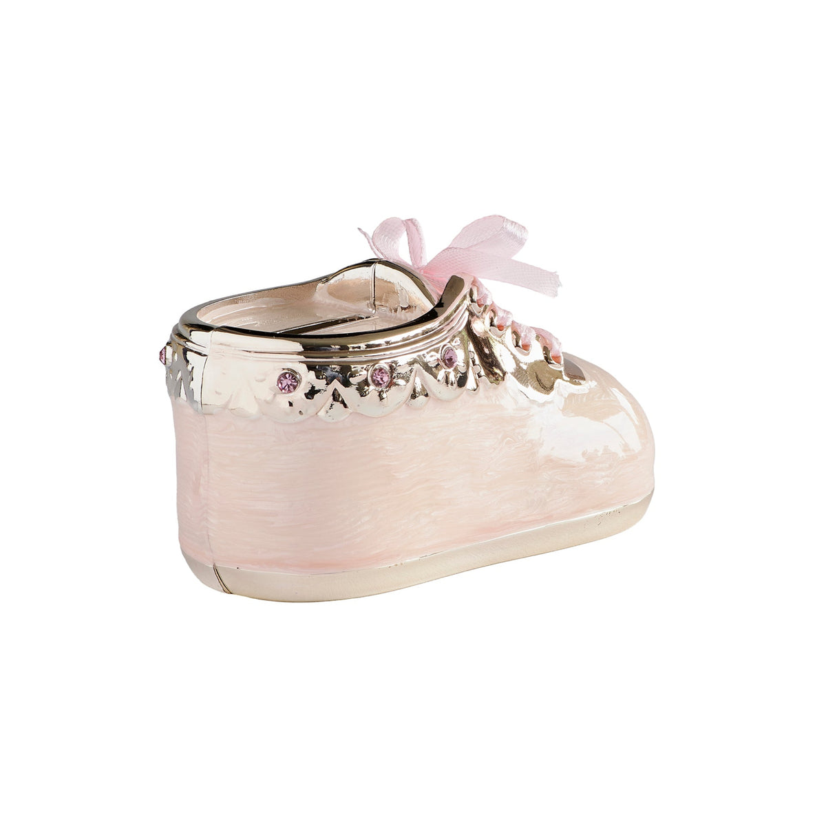 Side view of pink Baby Shoe Coin Bank highlighting the soft pink enamel, decorative ribbon laces, and jeweled accents