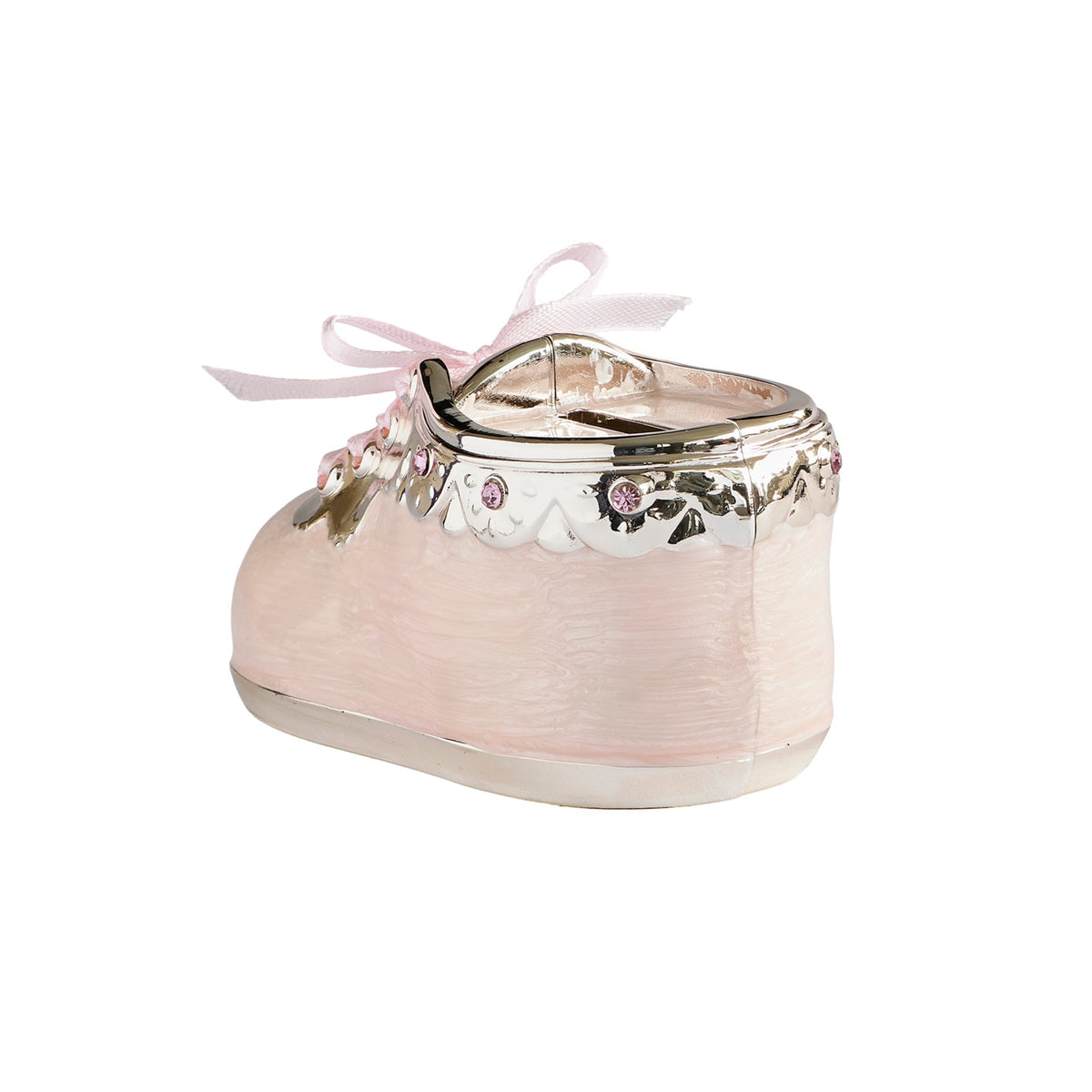 Rear view of pink Baby Shoe Coin Bank showing the polished silver-tone heel, pink enamel finish, and ribbon laces
