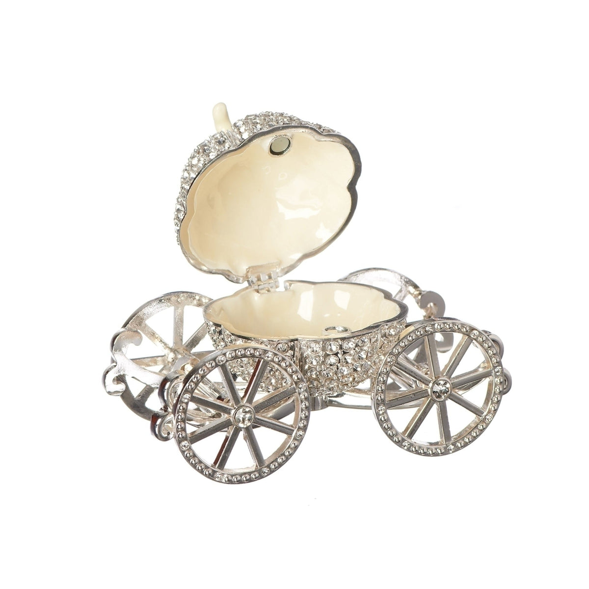 Open view of Caroline Collection Jeweled Carriage Keepsake showing the hinged carriage lid lifted above the crystal-accented wheels