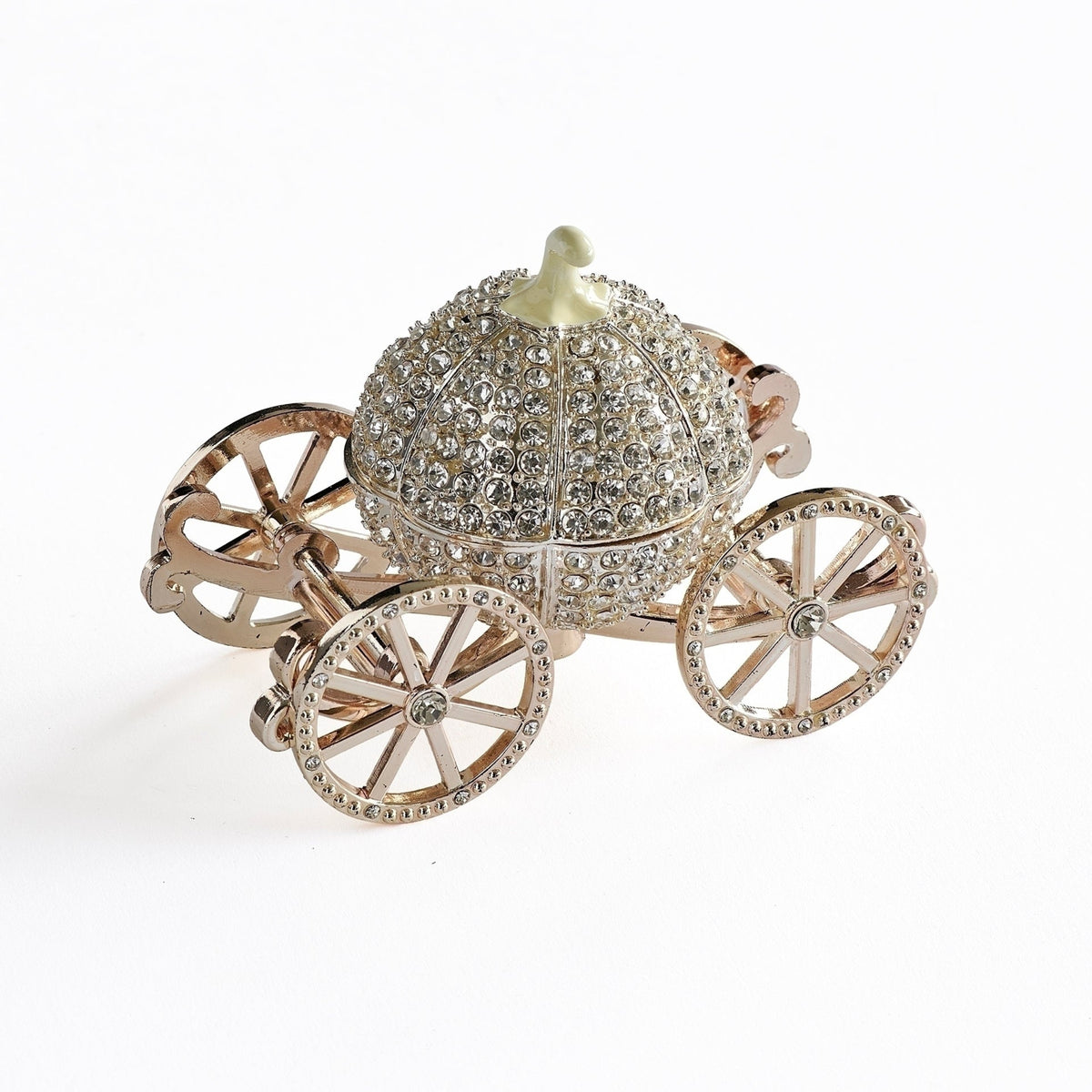Front angled view of Caroline Collection Jeweled Carriage Keepsake highlighting the jeweled carriage body, ornate wheels, and polished silver-tone finish
