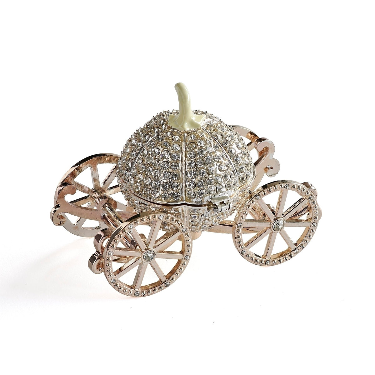 Side view of Caroline Collection Jeweled Carriage Keepsake showing the sparkling carriage body, detailed wheels, and decorative finial