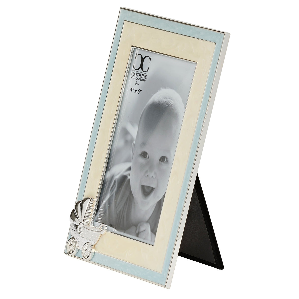 Front angled view of blue Caroline Collection Baby Carriage Picture Frame showing the pearlescent border, silver-tone carriage detail, and tabletop easel stand