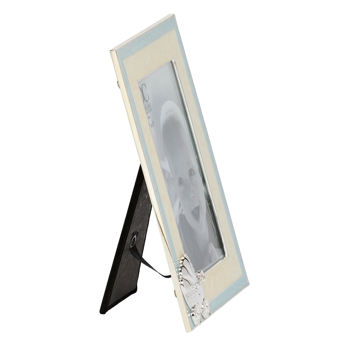 Side view of blue Caroline Collection Baby Carriage Picture Frame showing the slim frame profile and open black easel stand