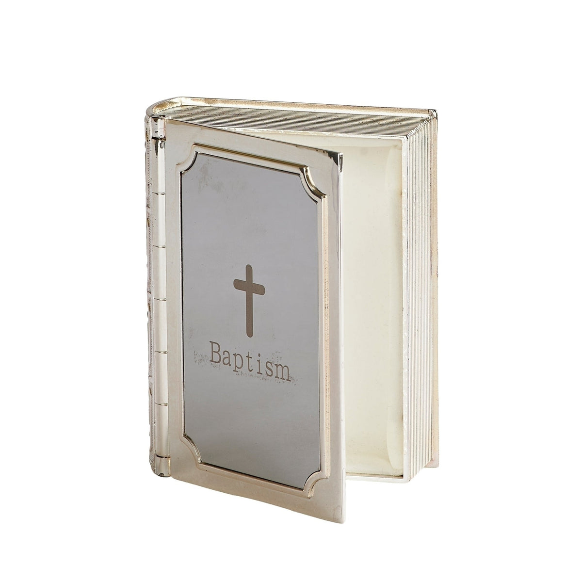 Front angled view of Caroline Collection Baptism Bible Keepsake Box showing the raised cross, “Baptism” inscription, ornate border, and book-style design