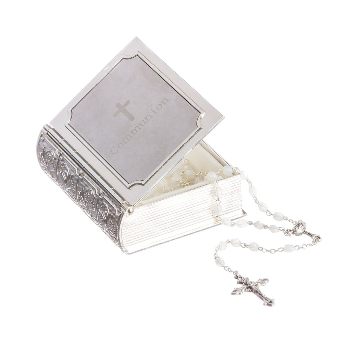 Open Caroline Collection First Communion Bible Keepsake Box shown with a rosary and crucifix extending from the storage compartment