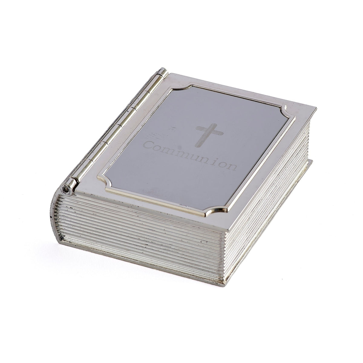 Closed angled view of Caroline Collection First Communion Bible Keepsake Box showing the silver-tone cover and compact book-shaped design
