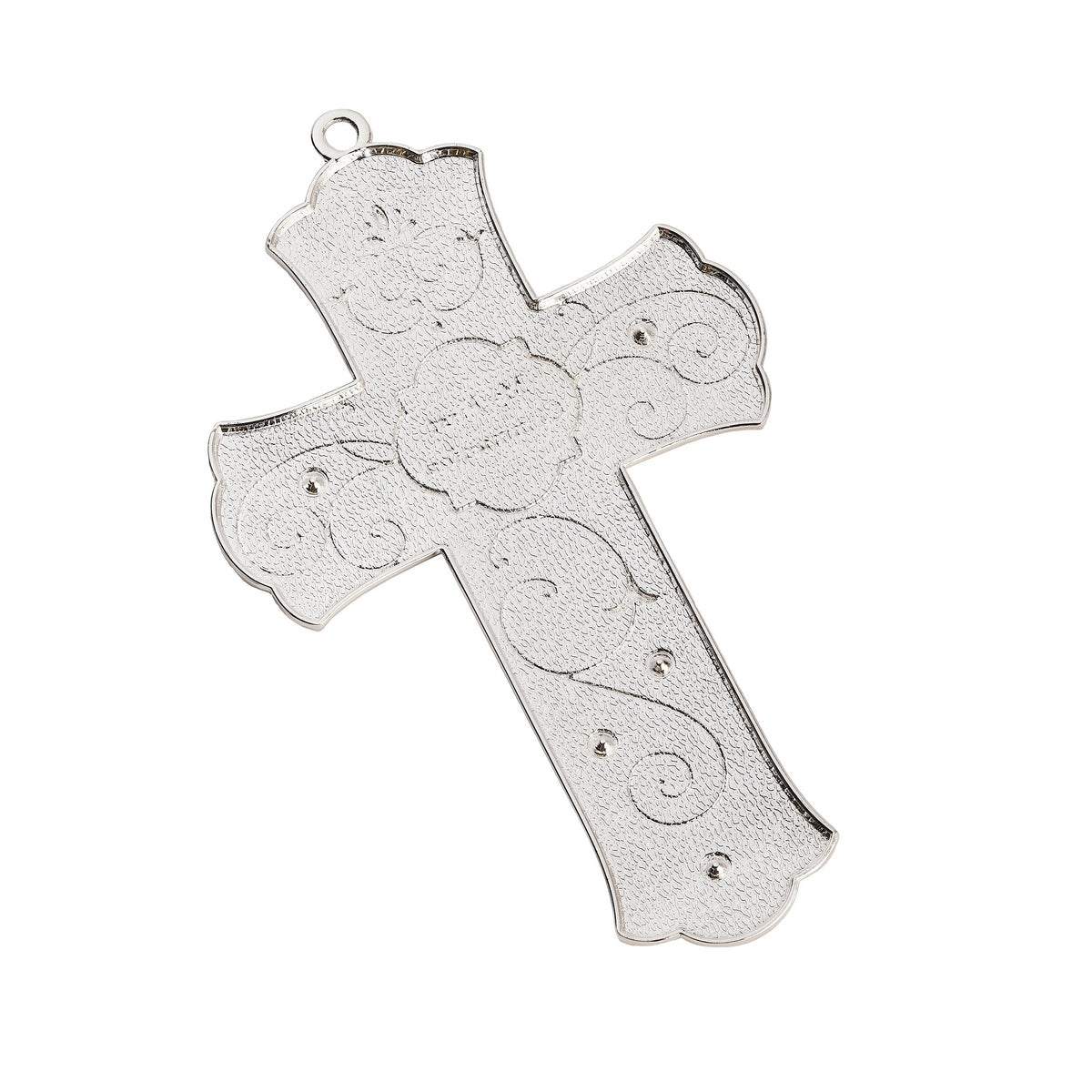 Back angled view of Caroline Collection Baptism Cross showing the pearlescent finish, decorative scrollwork, and hanging ribbon
