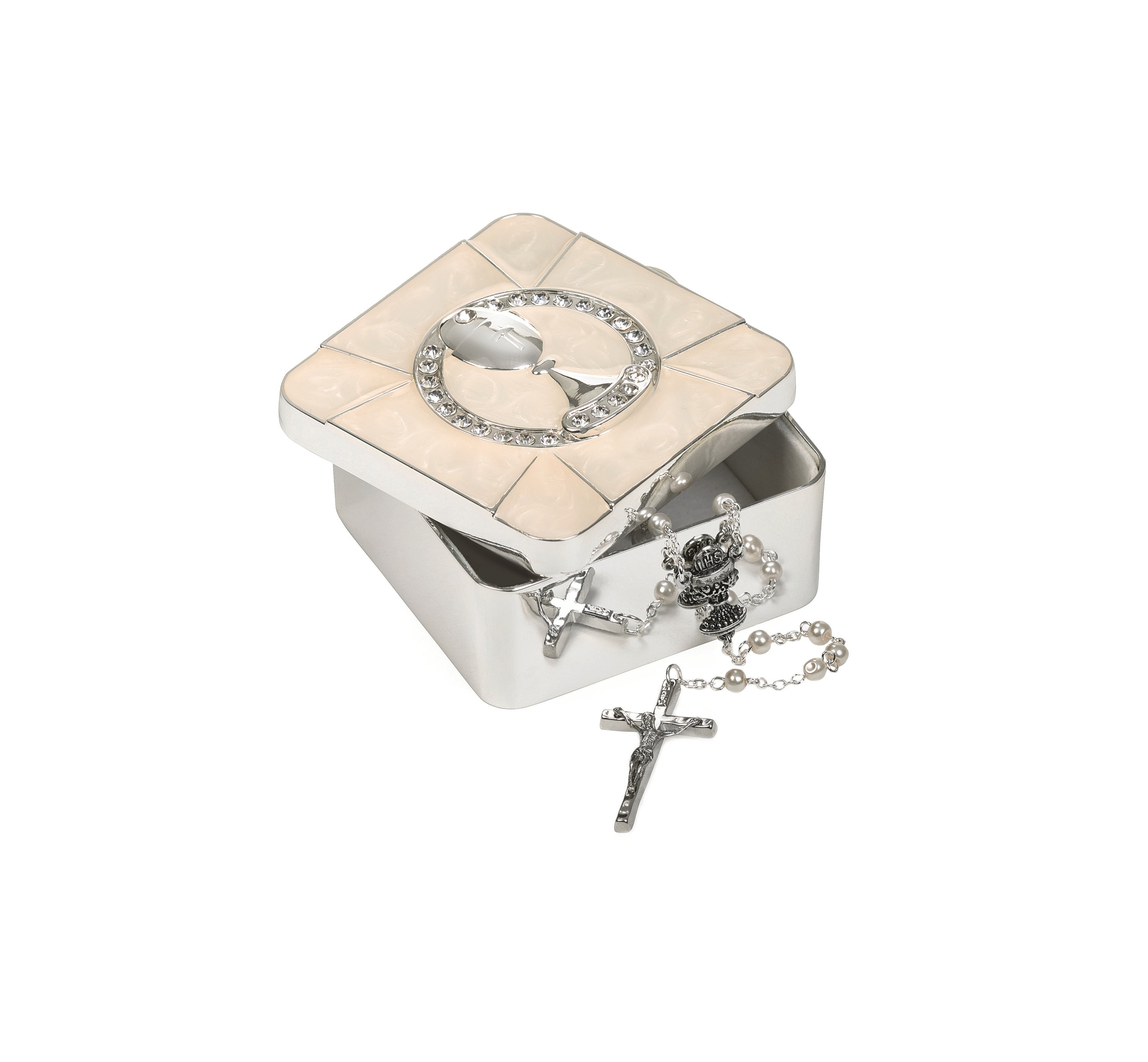 Silver jewelry box with decorative elements on a white background