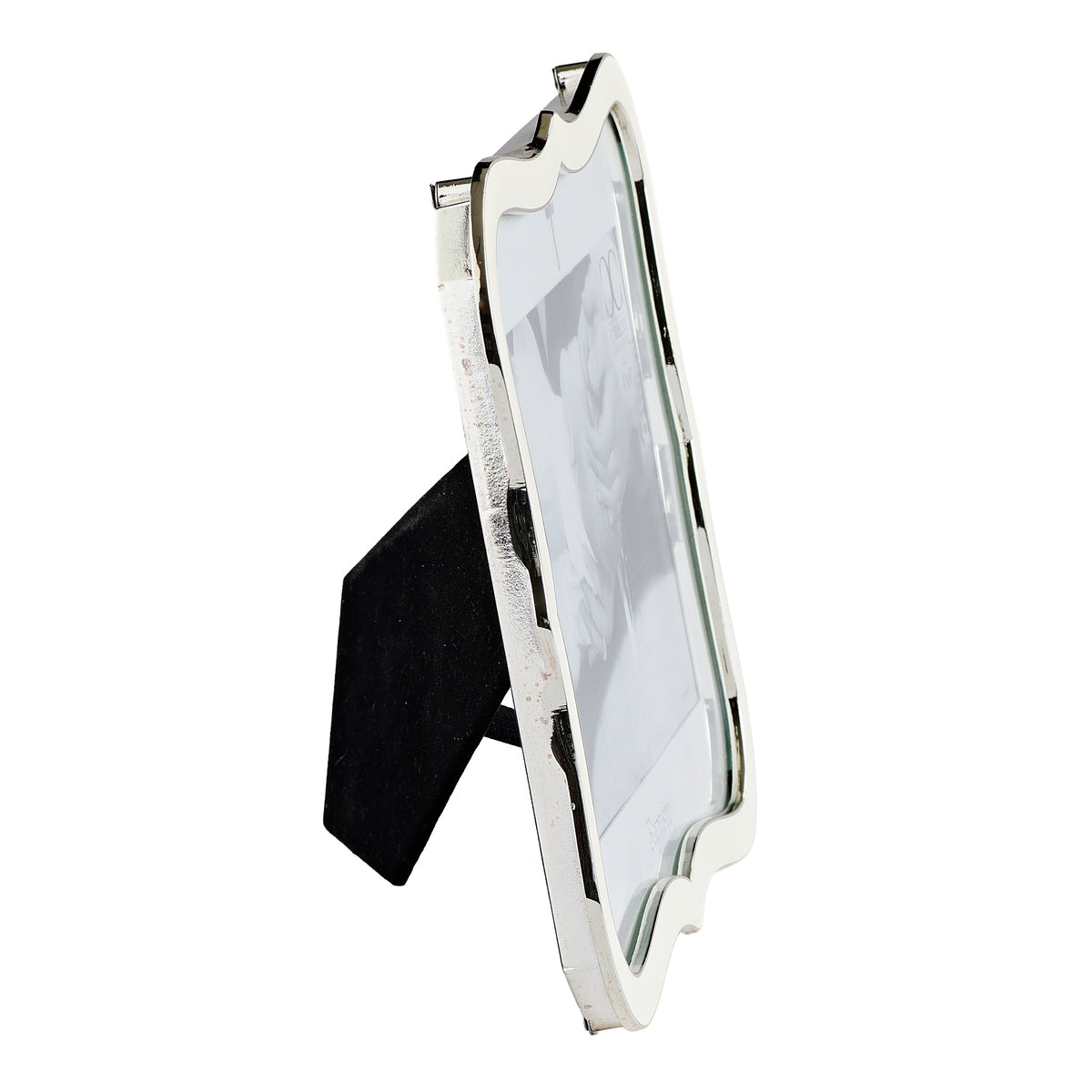 Side view of Caroline Collection Baptism White Scalloped Picture Frame showing the curved frame edge and open tabletop easel stand