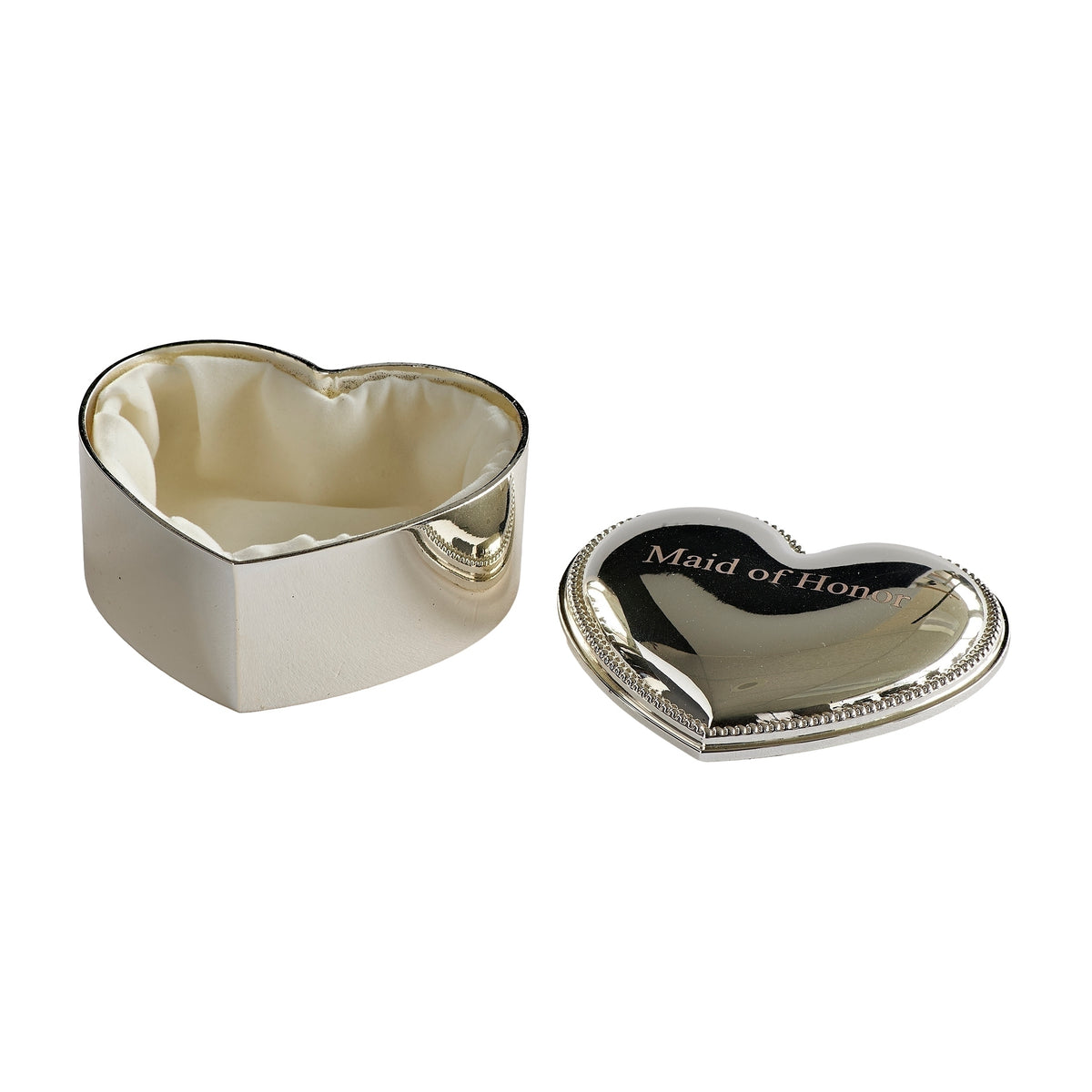 Open heart keepsake box with its lid placed beside it, showing the reflective interior.