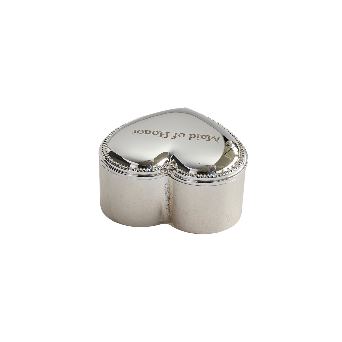 Closed heart keepsake box showing its polished metal sides and fitted lid.