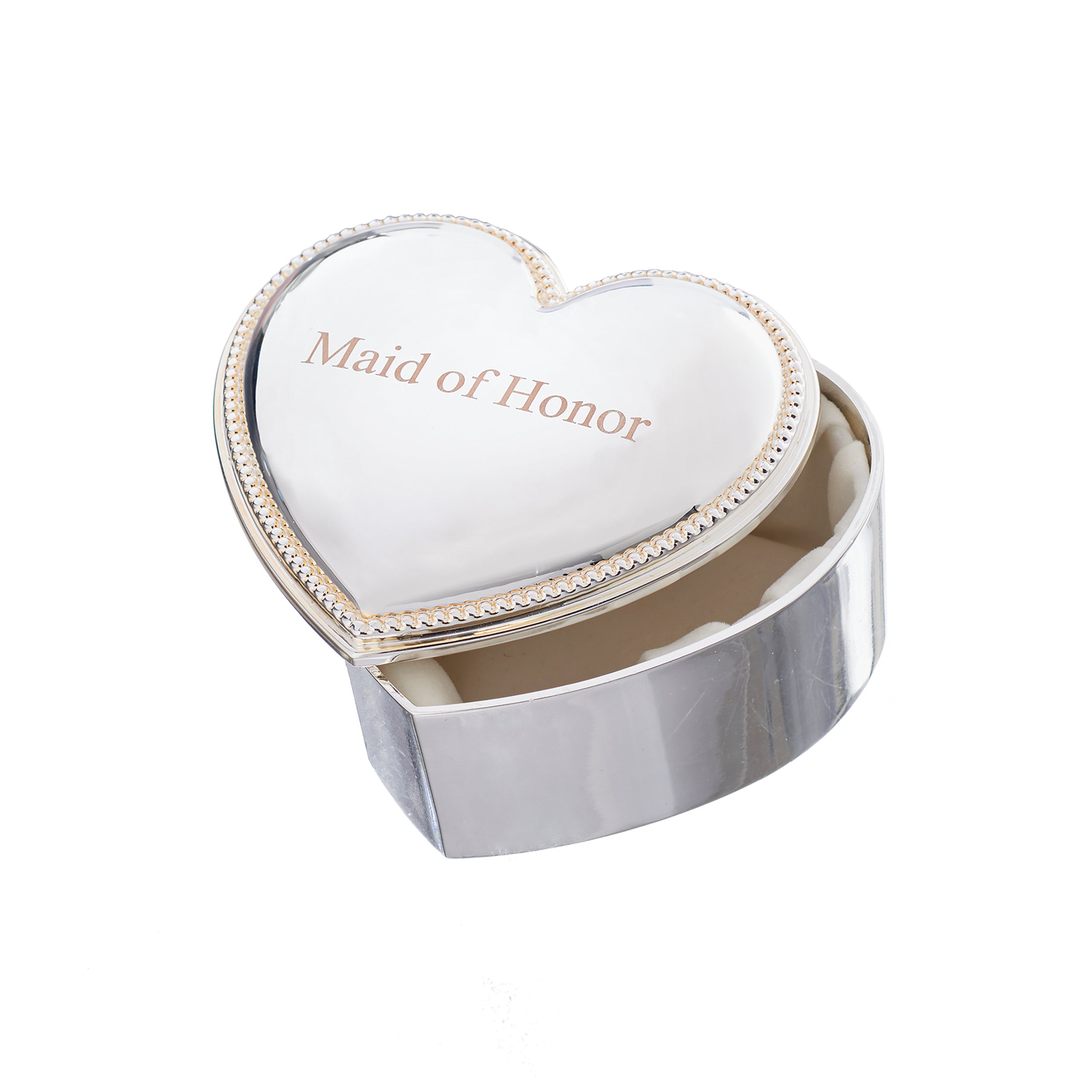 Heart-shaped jewelry box with 'Maid of Honor' engraving on a white background