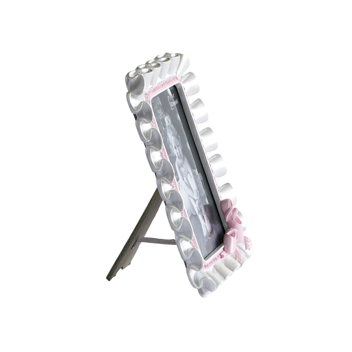 White ballet picture frame with pink accents and ruffle design, opposite side view