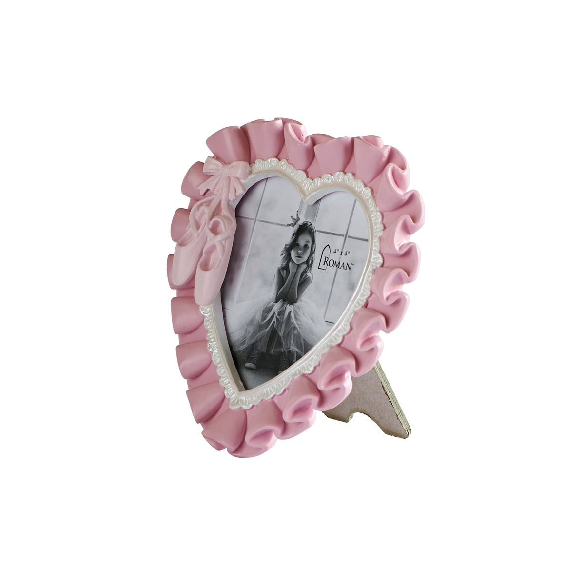 Pink ballet heart-shaped picture frame with ruffled detailing, angled view