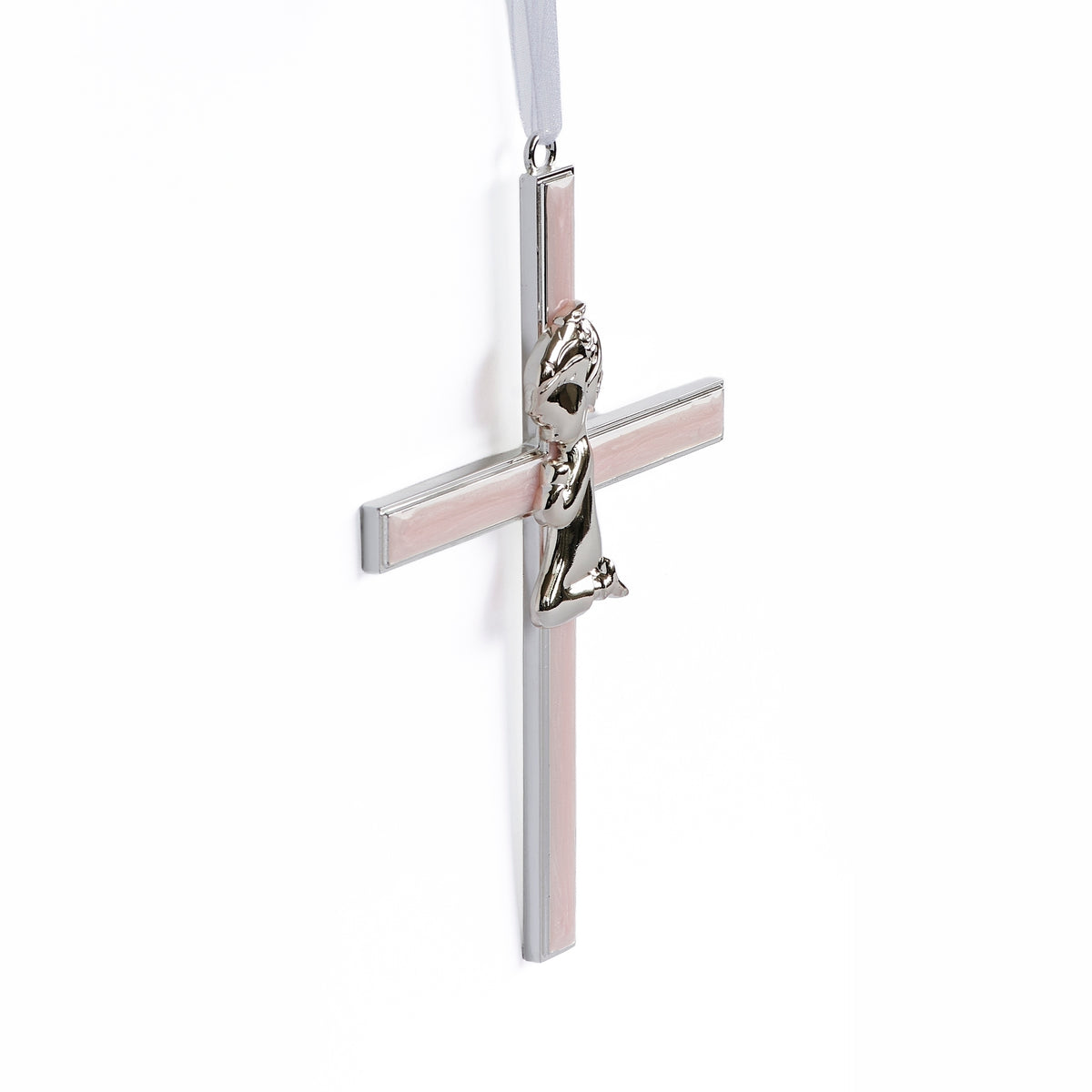 Angled view of pink Caroline Collection Praying Child Metal Cross showing the silver-tone edges, pale pink enamel inlay, and praying child accent