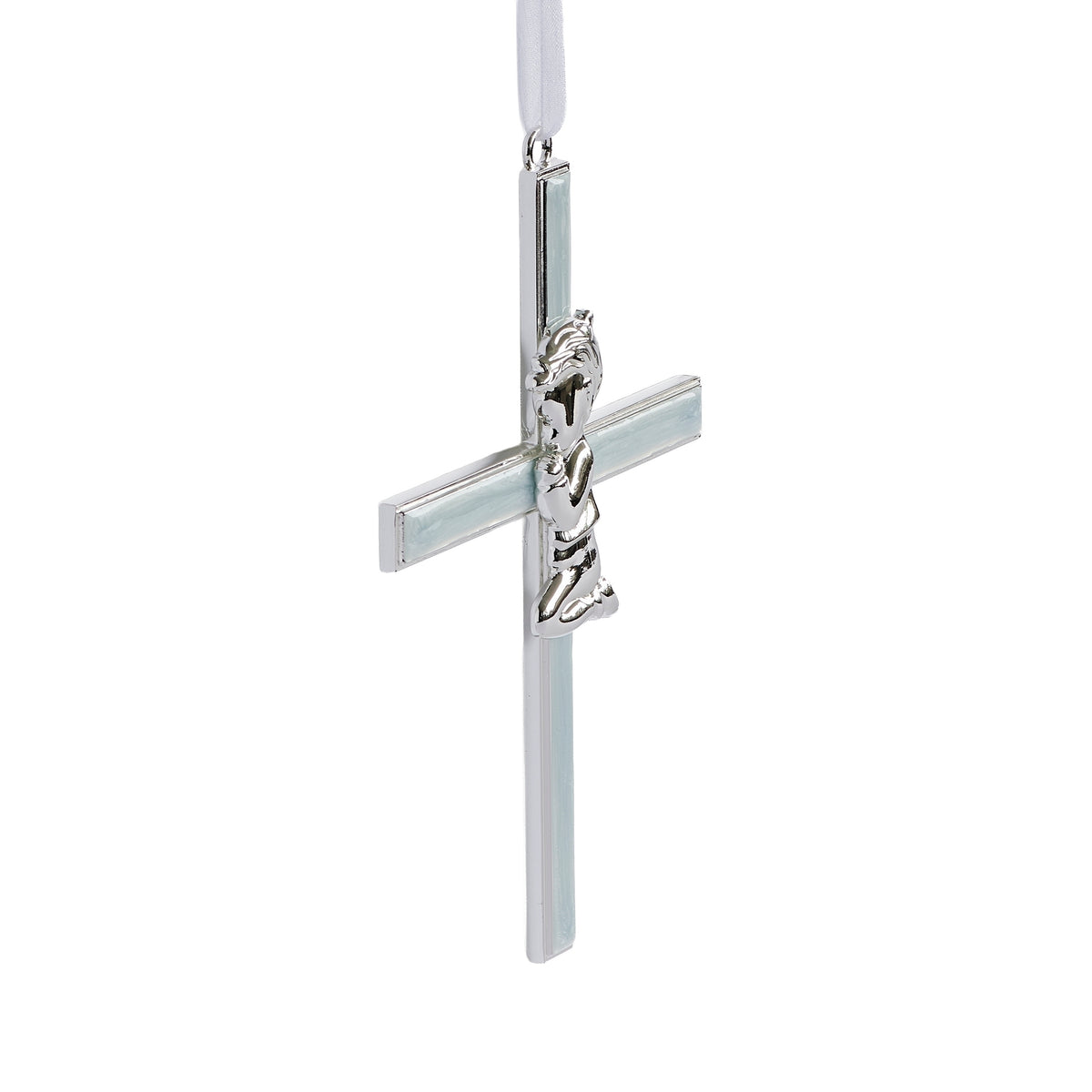 Angled view of blue Caroline Collection Praying Child Metal Cross showing the silver-tone edges, pale blue enamel inlay, and praying child accent