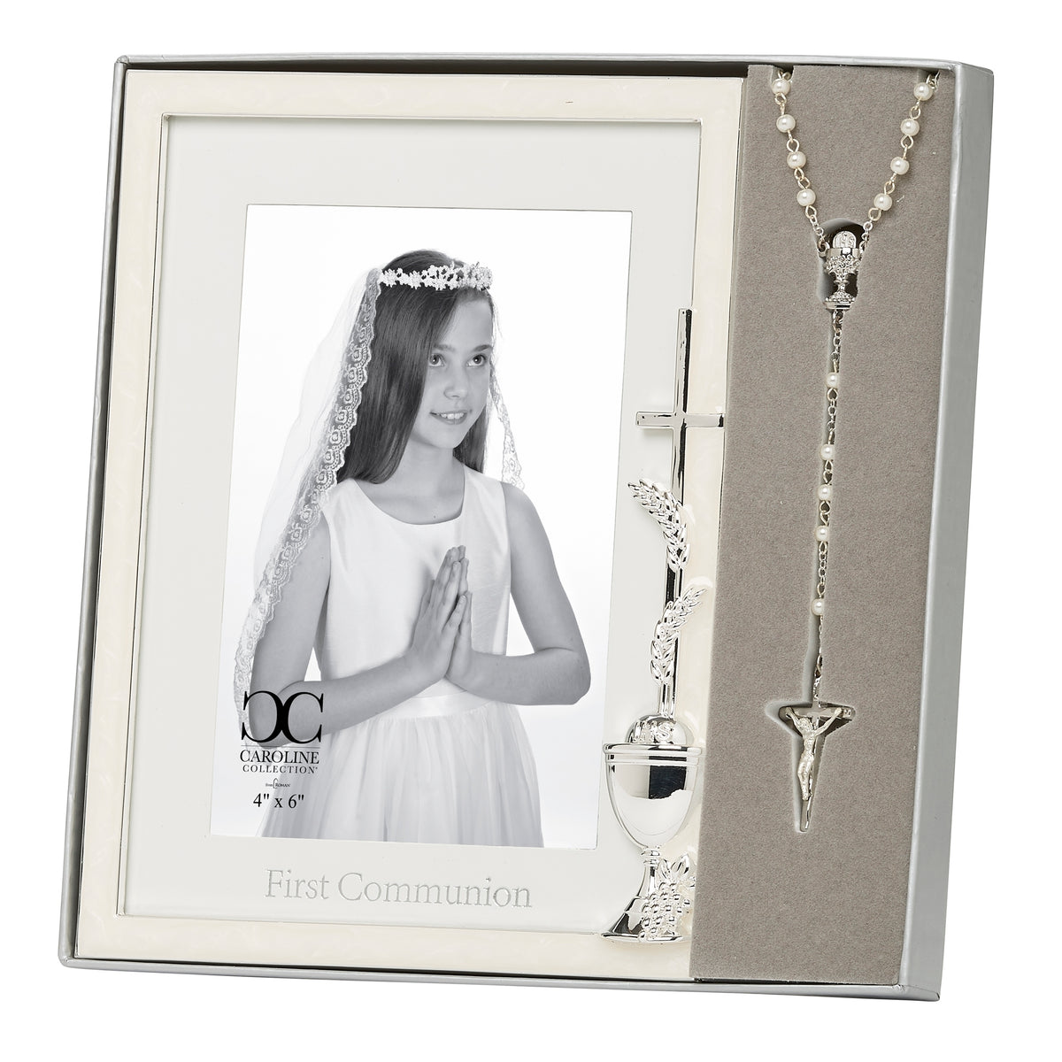 Front view of Caroline Collection First Communion Rosary & Picture Frame Gift Set showing the photo opening, silver-tone Communion details, and rosary displayed along the side