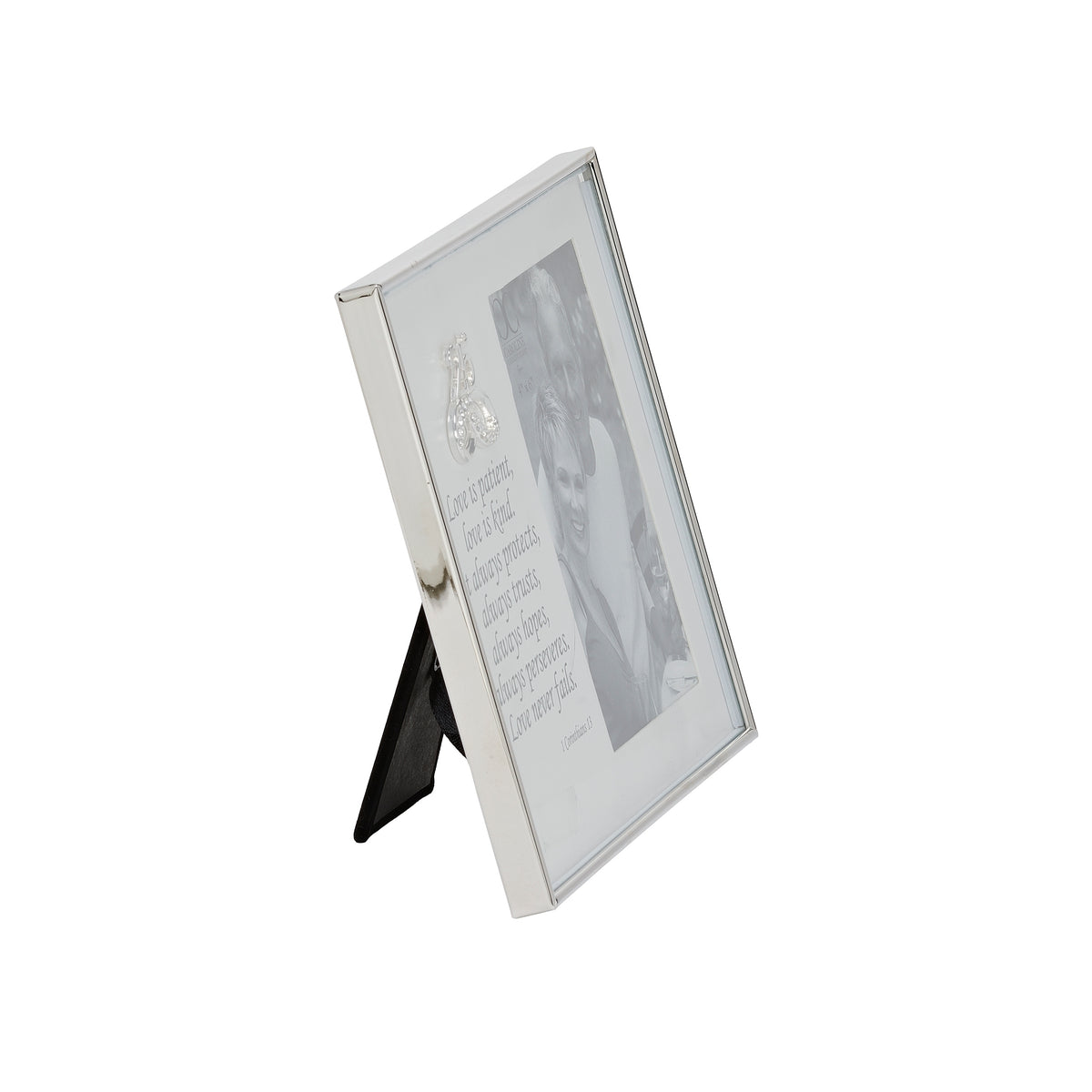 Side view of anniversary frame showing its slim border and extended black easel stand.
