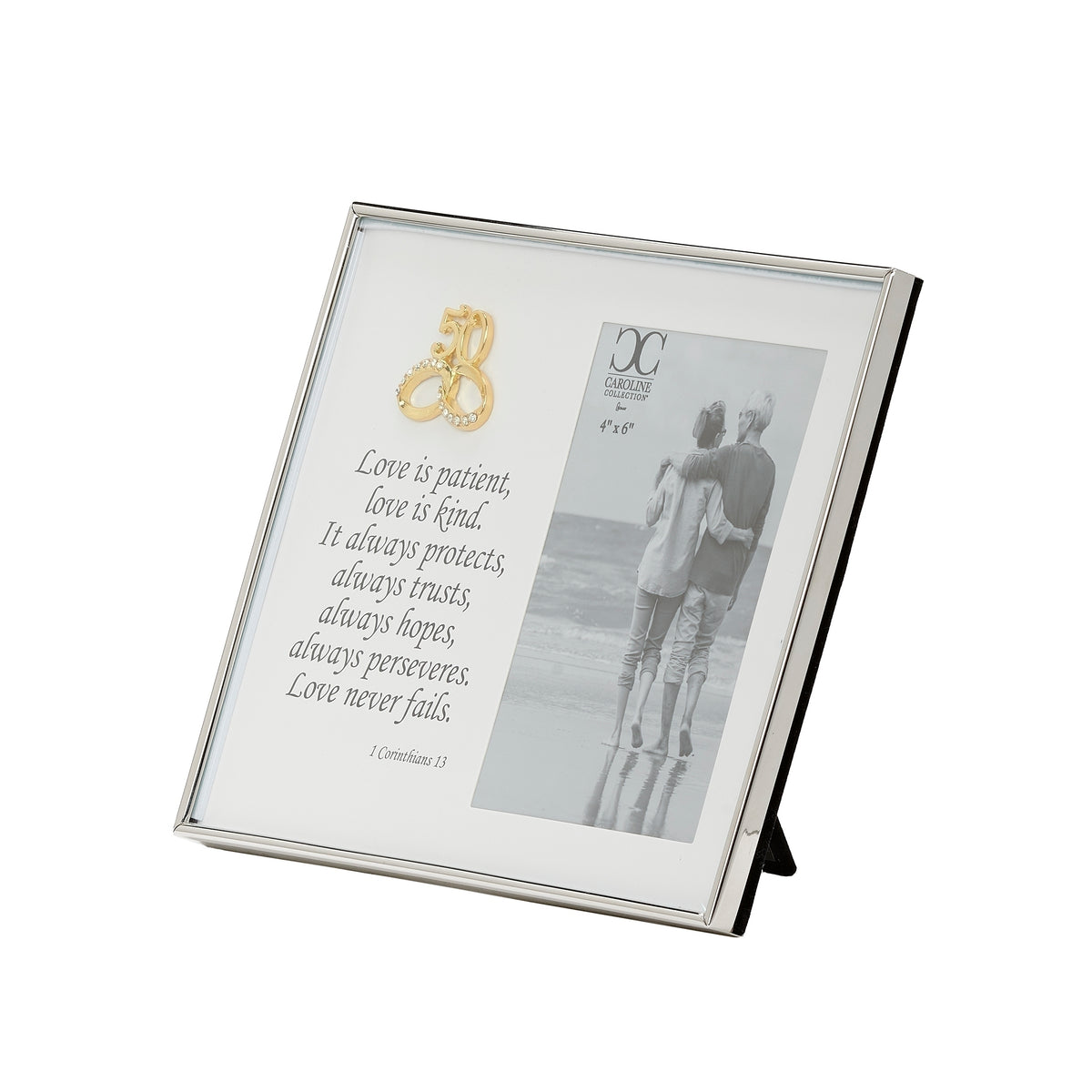 Angled front view of 50th anniversary frame showing the gold emblem and verse beside the portrait opening.