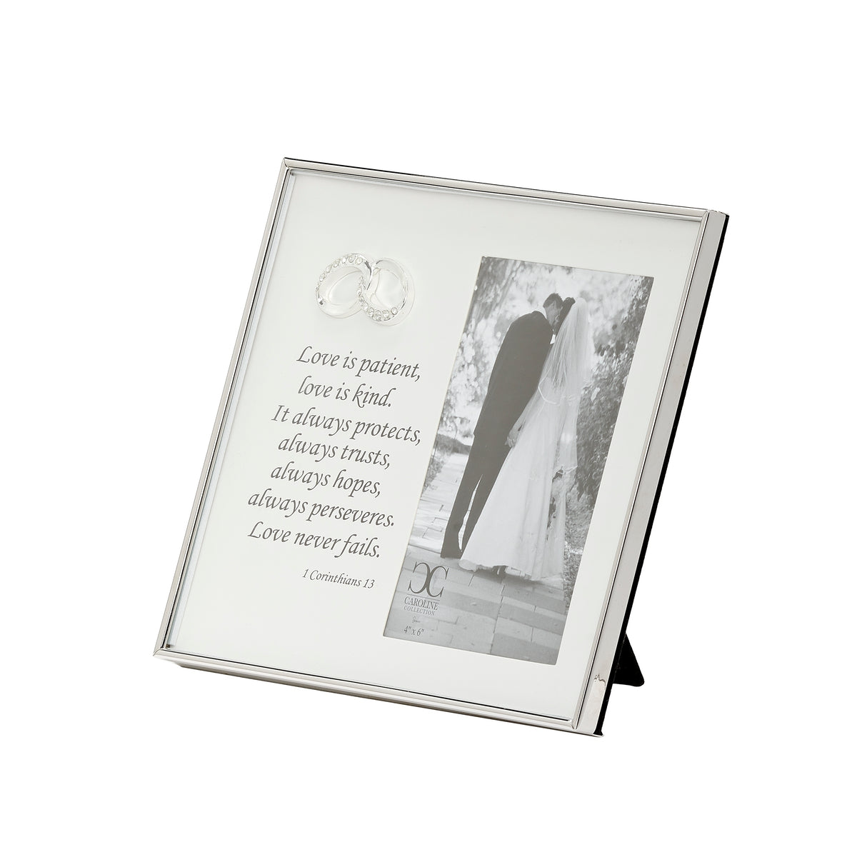 Angled front view of Love Is Patient wedding frame showing the verse panel and portrait photo opening.