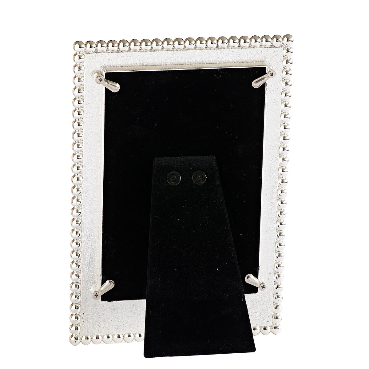 Back view of Caroline Collection Baptism Silver Jeweled Picture Frame showing the black backing and tabletop easel stand
