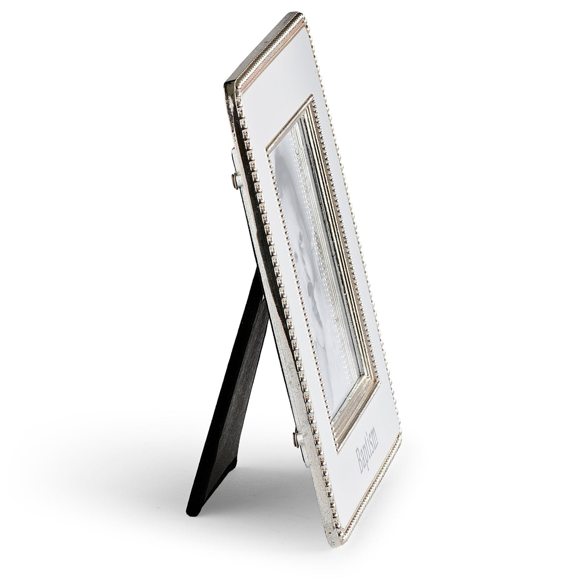 Front angled view of Caroline Collection Beaded Trim Square Picture Frame showing the silver-tone beaded border, photo opening, and easel stand