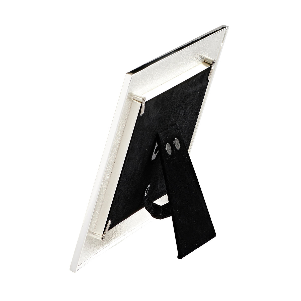 Angled rear view of Mr. & Mrs. jeweled heart frame showing its slim metal edge and extended black easel stand.