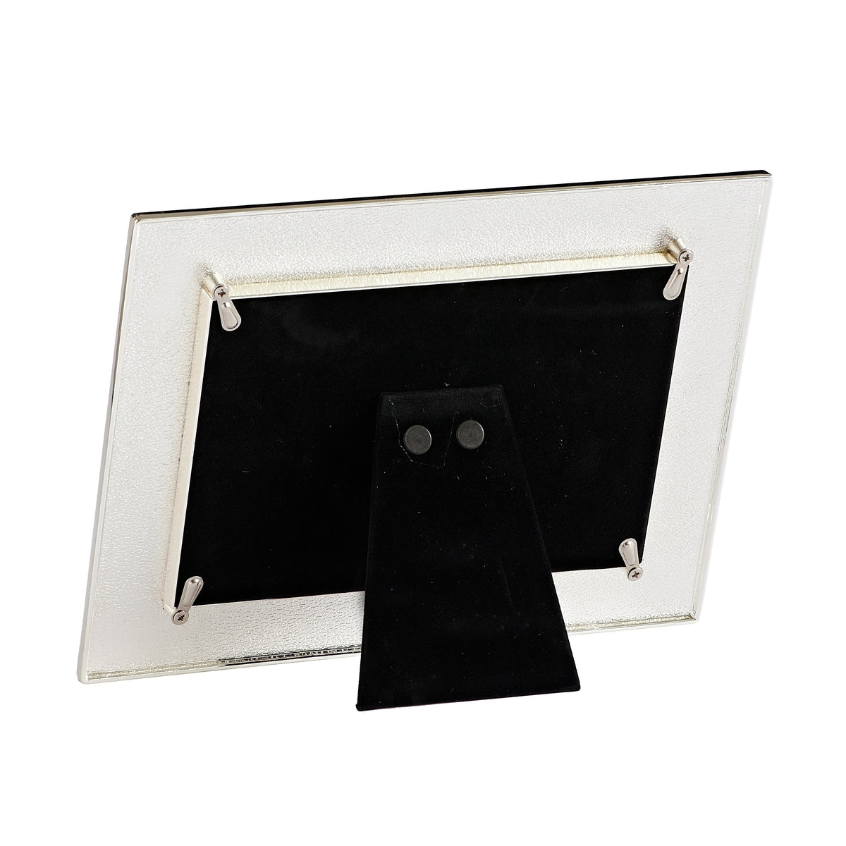 Rear view of wedding picture frame showing the black backing, retaining tabs, and fold-out stand.
