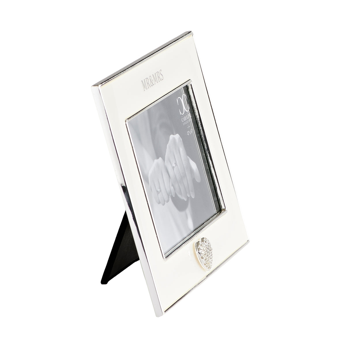 Angled front view of Mr. & Mrs. frame showing the silver-toned border and jeweled heart accent.
