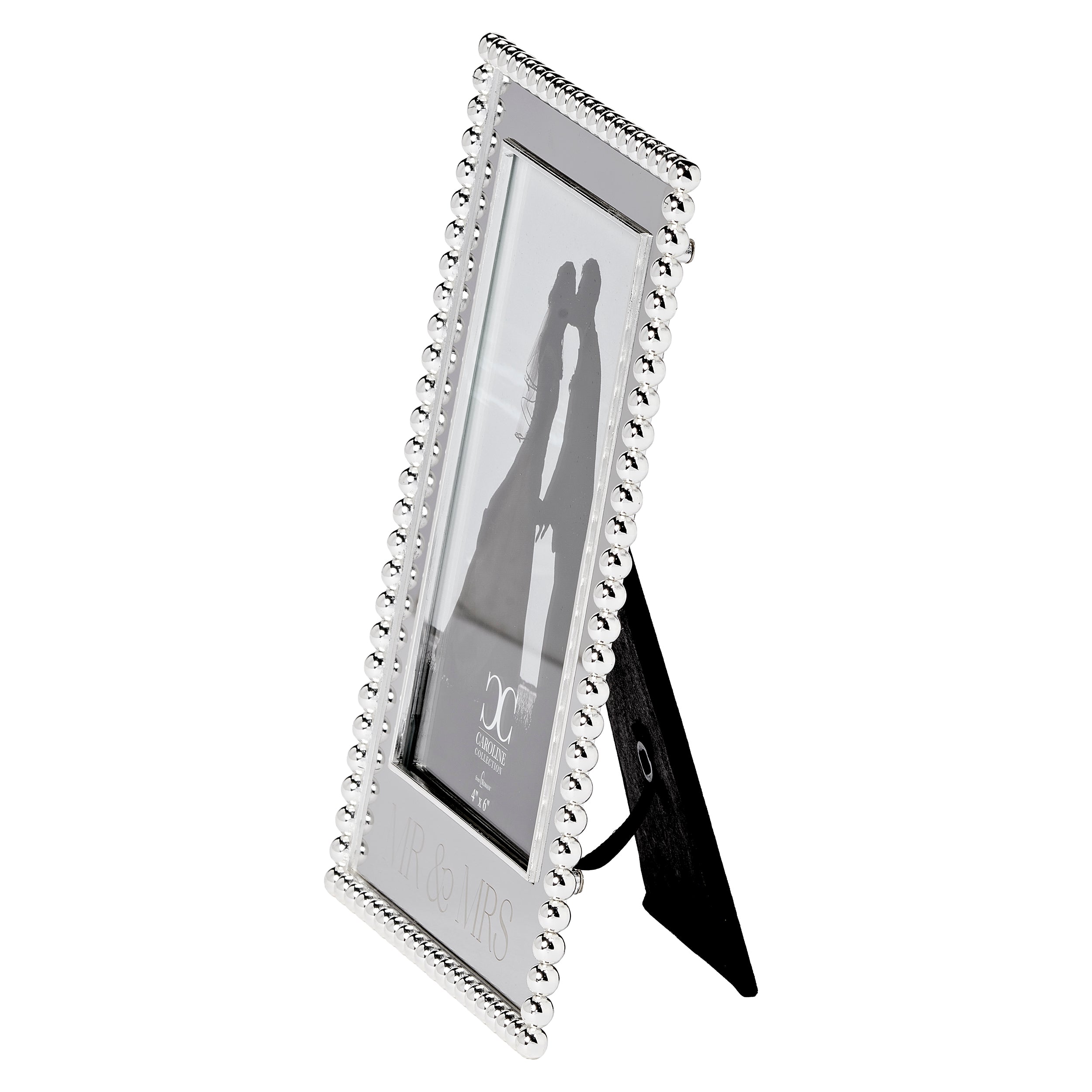 Silver photo frame with decorative border on a white background