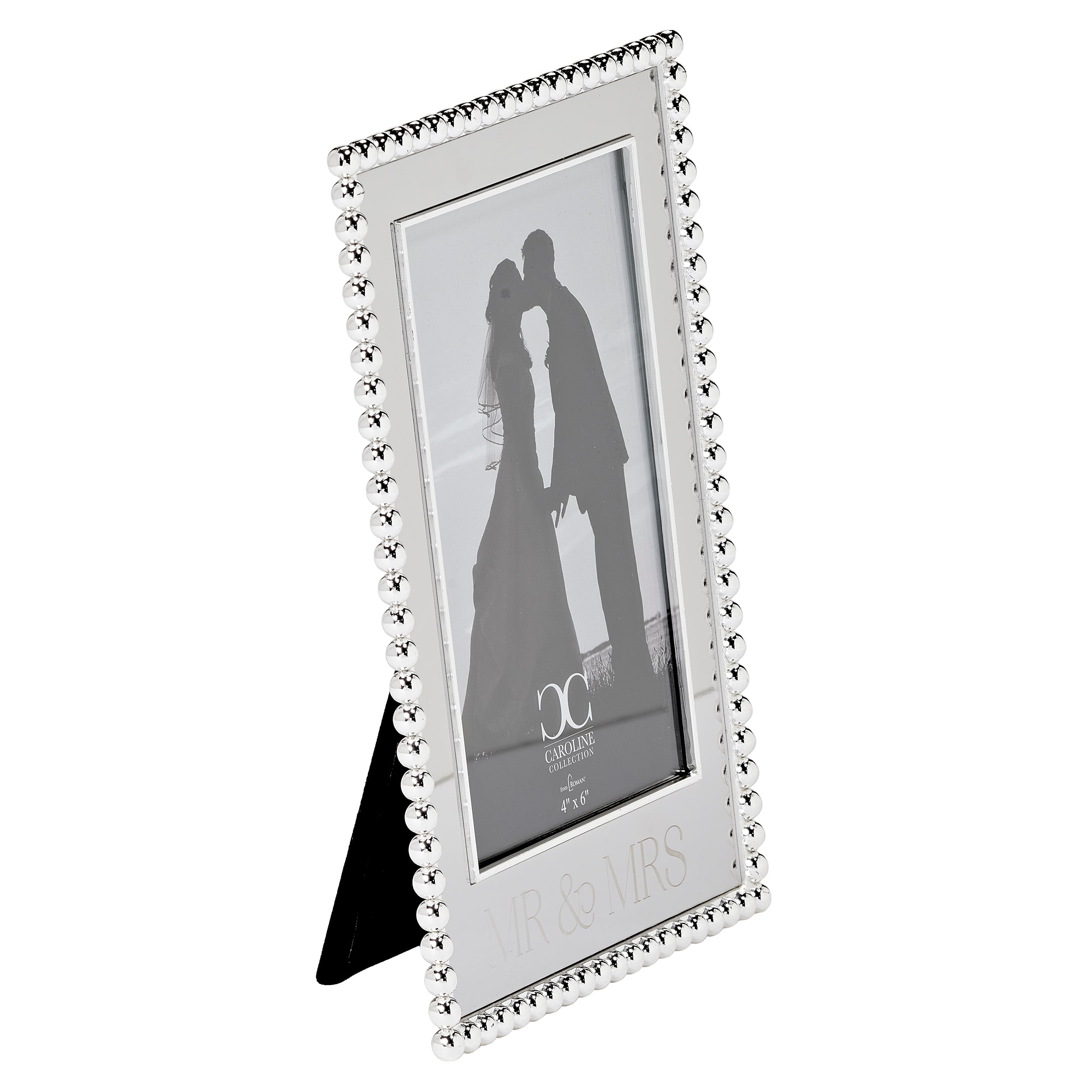 Silver photo frame with decorative border on a white background