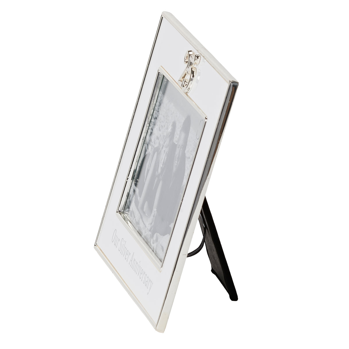 Side view of 25th anniversary frame showing its slim silver-toned border and extended black easel stand.