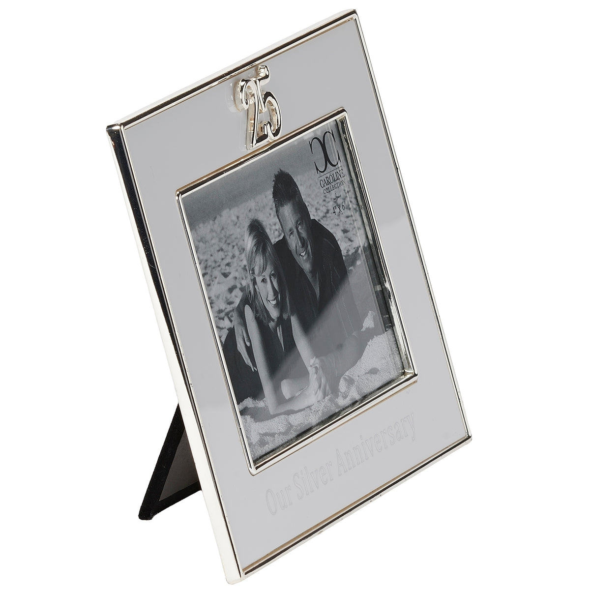 Angled front view of anniversary frame showing the raised “25” emblem, silver-toned trim, and inscription.