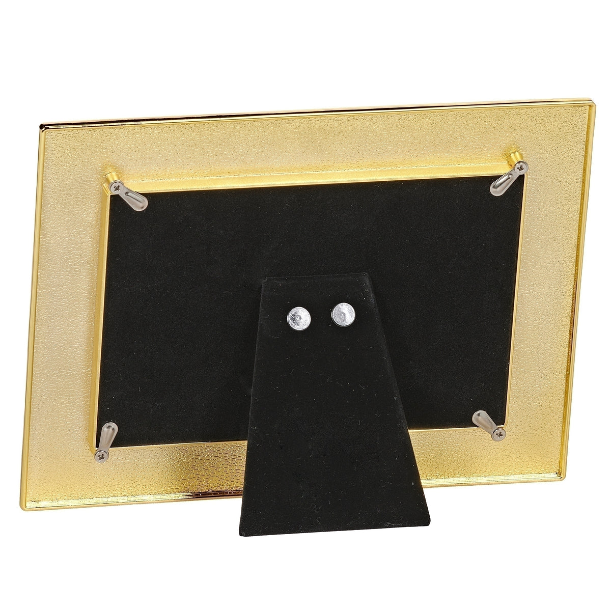 Rear view of anniversary frame showing gold-toned edges, black backing, and a fold-out stand.