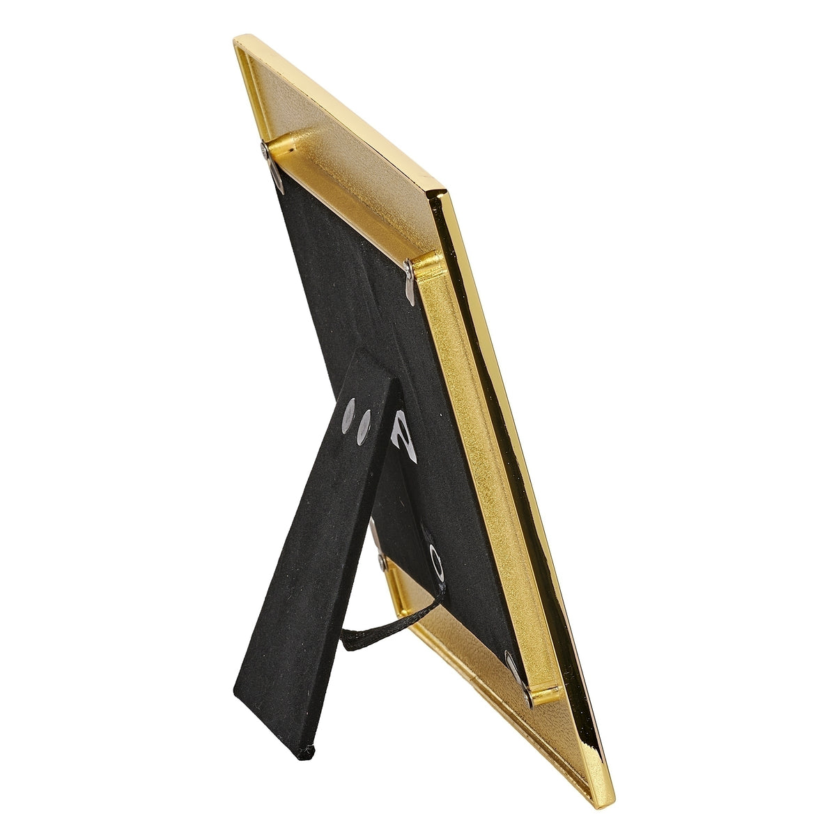 Angled rear view of anniversary frame showing its slim gold-toned profile and black easel support.
