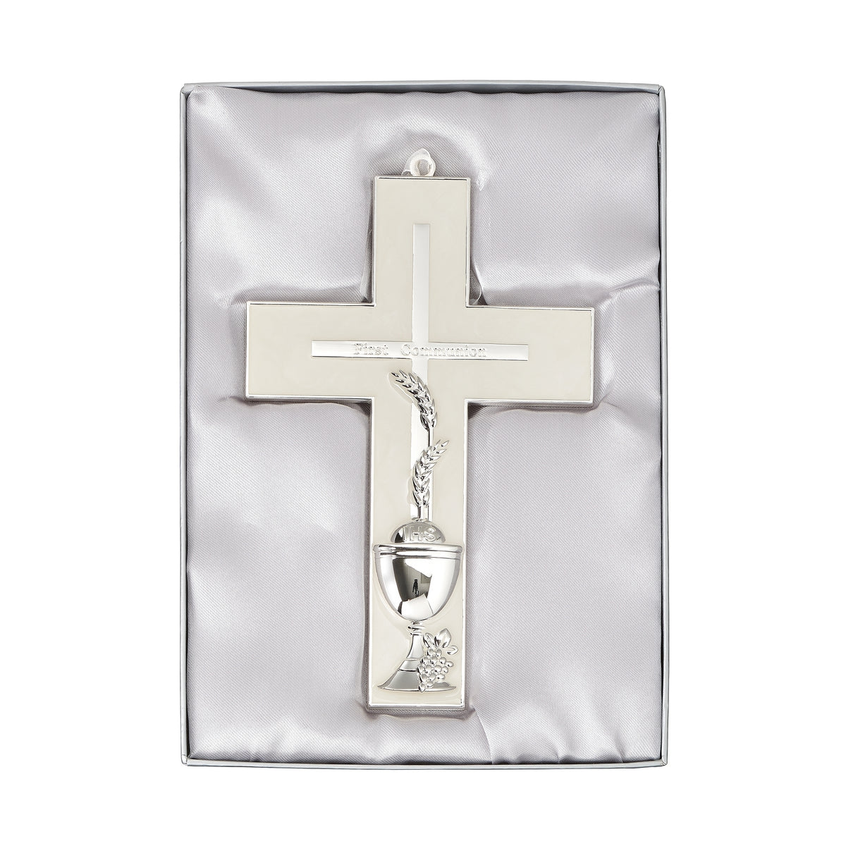 Caroline Collection First Communion Wall Cross displayed in presentation packaging with the pearl finish and silver-tone Communion details visible