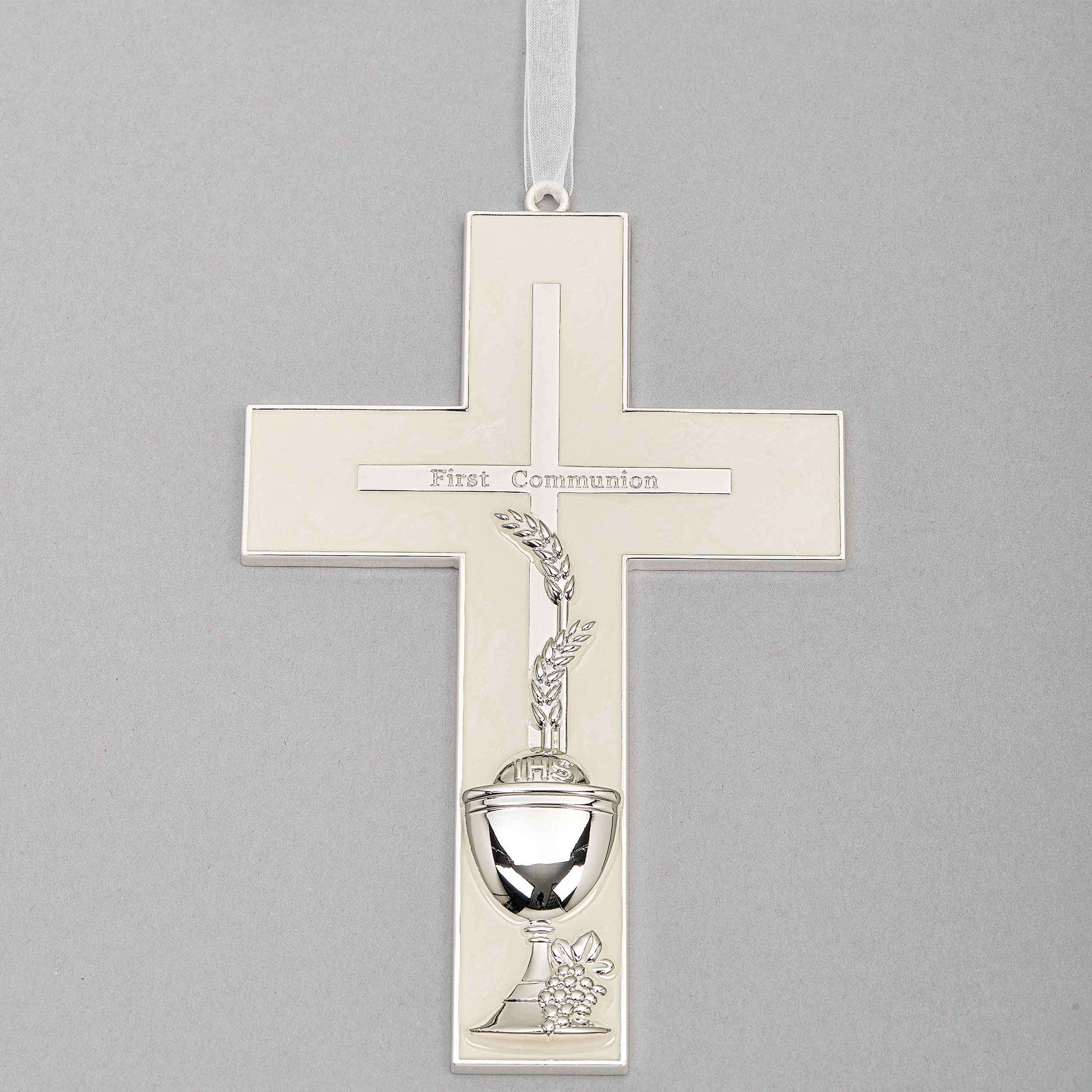 Caroline Collection First Communion Wall Cross with Glossy Pearl Finish