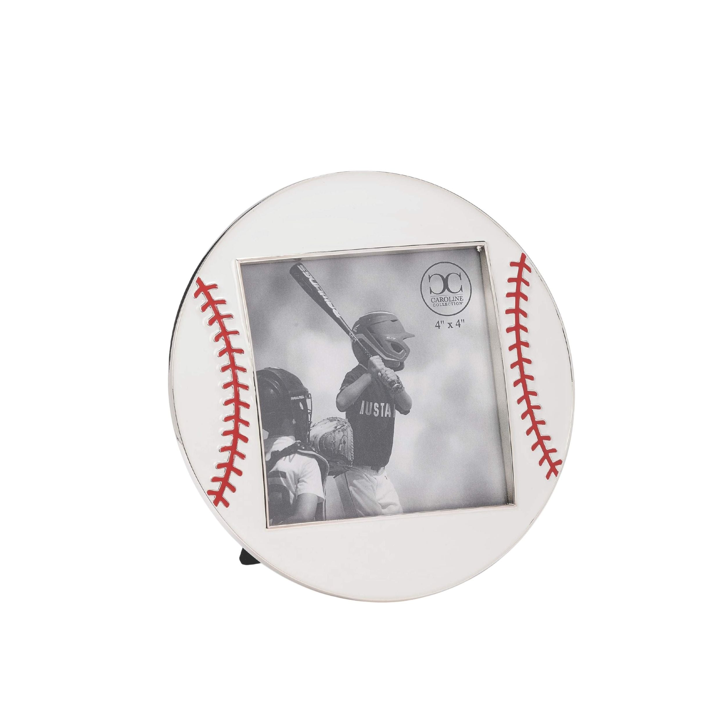 Baseball-shaped picture frame with a photo of two children playing baseball inside.