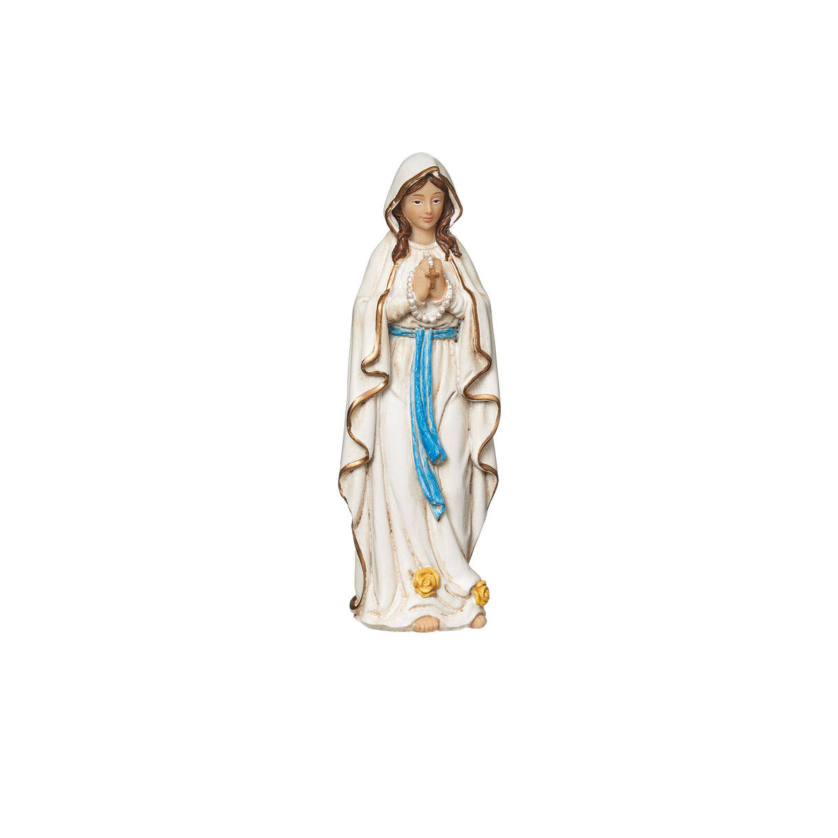 Front angled view of Our Lady of Lourdes figure showing the white robes, blue sash, rosary, and prayerful pose