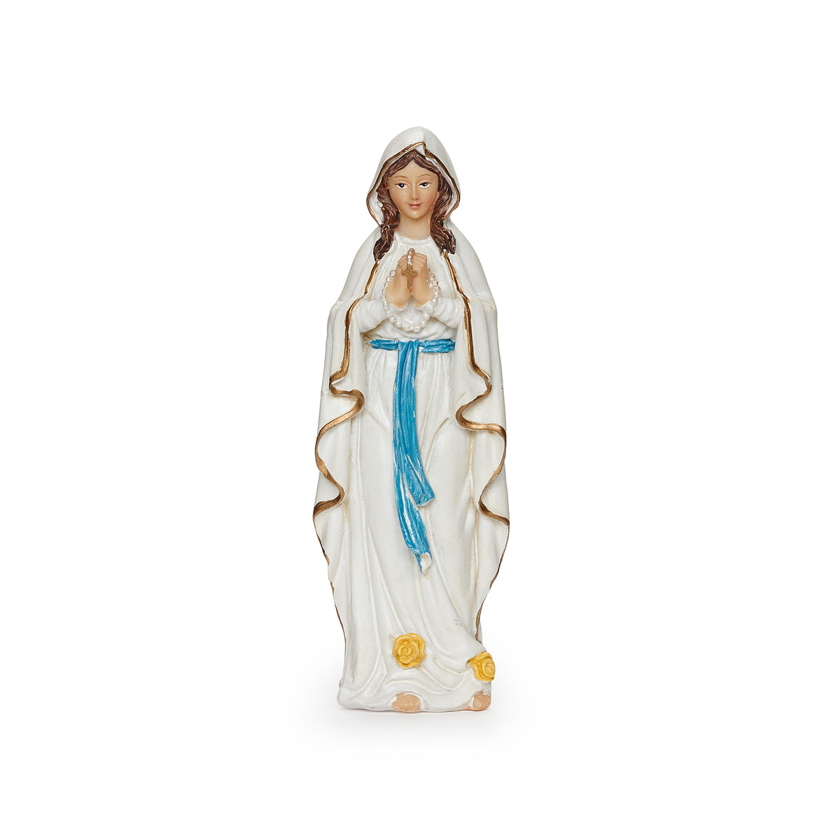 Front view of Our Lady of Lourdes figure with hands in prayer, blue sash, and yellow roses at the base