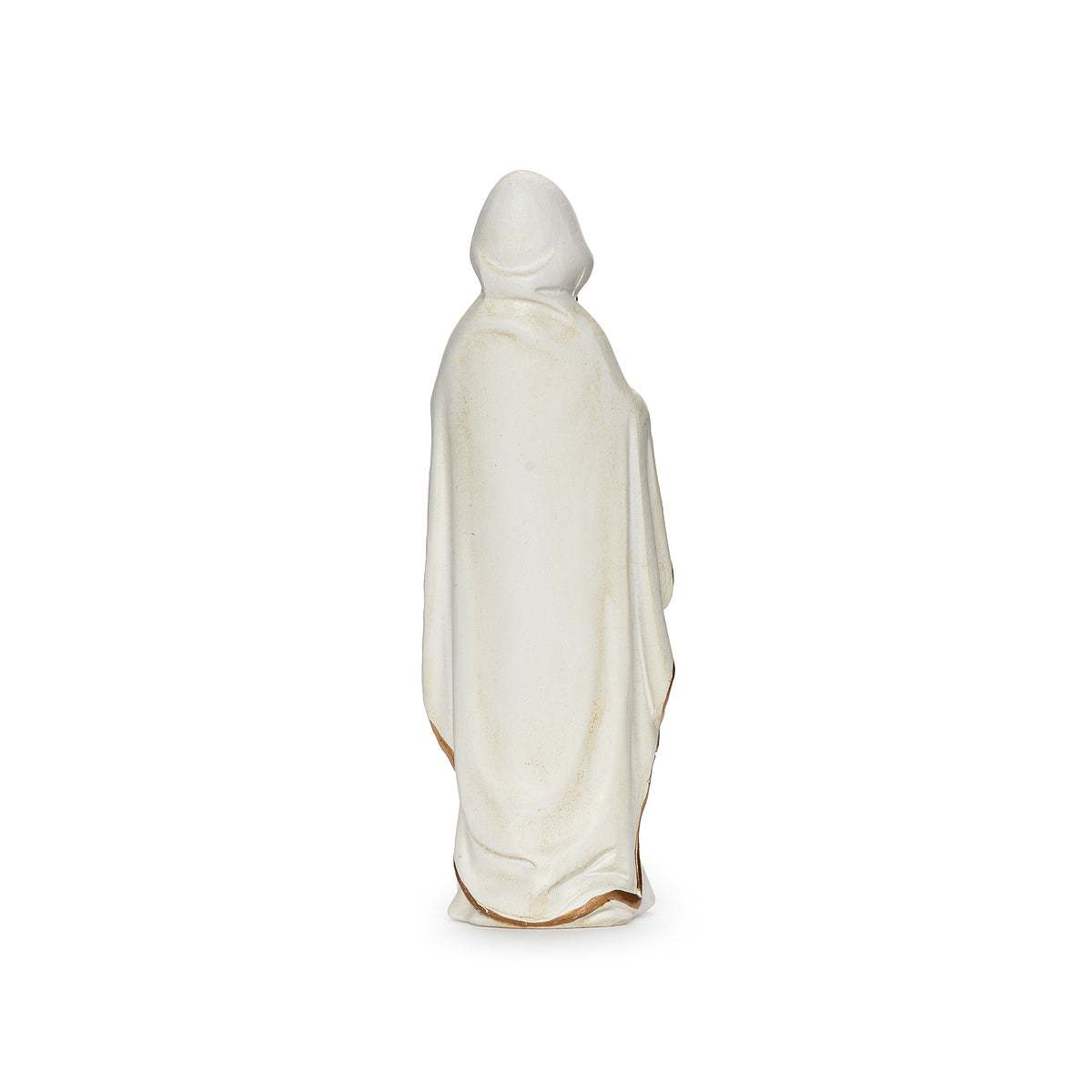 Back view of Our Lady of Lourdes figure showing the flowing white mantle and sculpted robe details